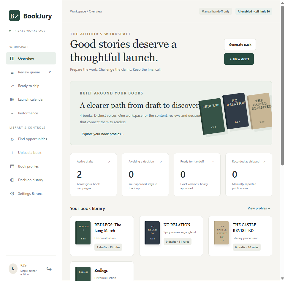 BookJury workspace overview with the book library and review queue
